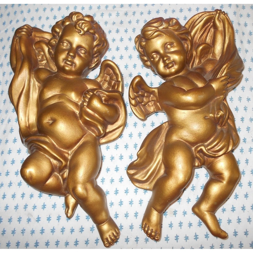 Vintage Gold Homco Wall Hanging Cherubs • Set Of 2 Angels
